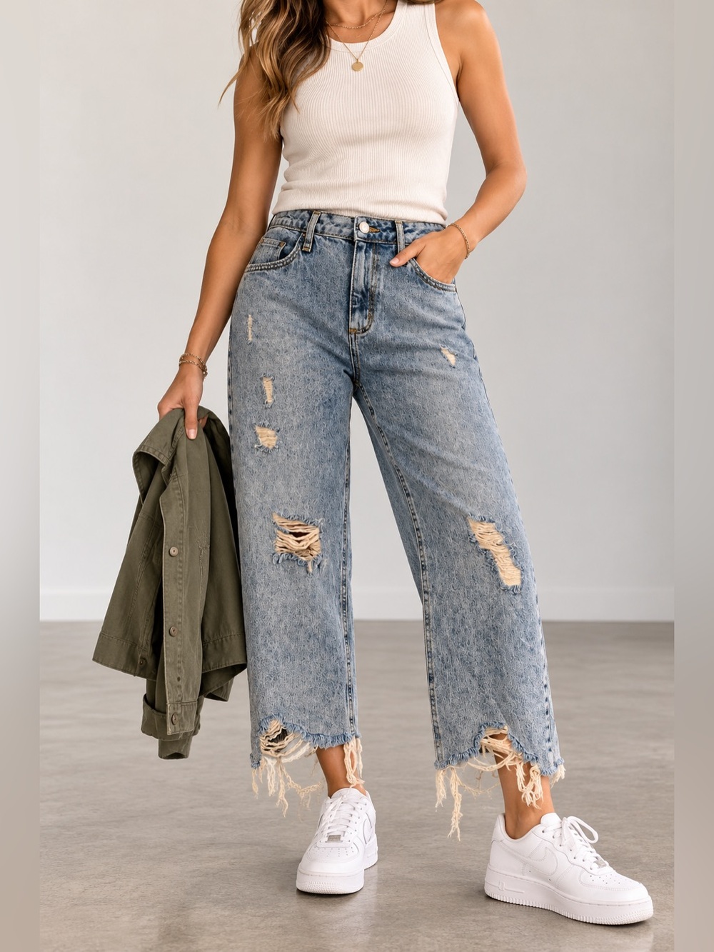 Avec Les Filles Distressed Wide Leg Crop Jeans Raw Frayed Hem Size 27